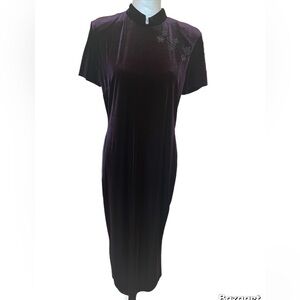 *R&J Co. Cheongsam Style Velvet Dress Size 12 Dark Purple Qipao Midi Asian...